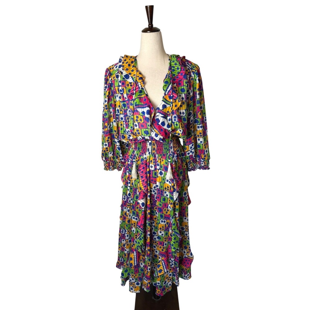 Montage‎ by Mosaic Vintage Dress Women Medium Abstract Ruffle Maxi Boho Retro
